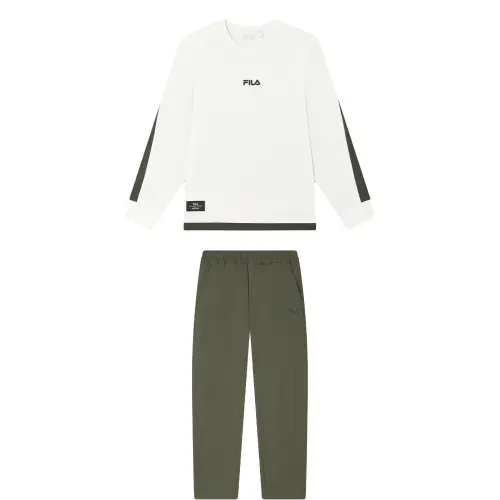 FILA Casual Sportswear Men's Set Cloud White Top+Banana Coffee Pants Crew Neck Moderate