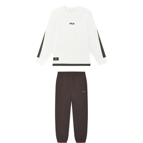 FILA Casual Sportswear Men's Clothing Sets Cloud White Top+Earth Umber Pants Crew Neck Moderate