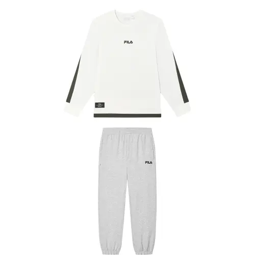FILA Casual Sportswear Men's Clothing Sets Cloud White Top+Cloud Mist Heather Gray Pants Crew Neck Moderate