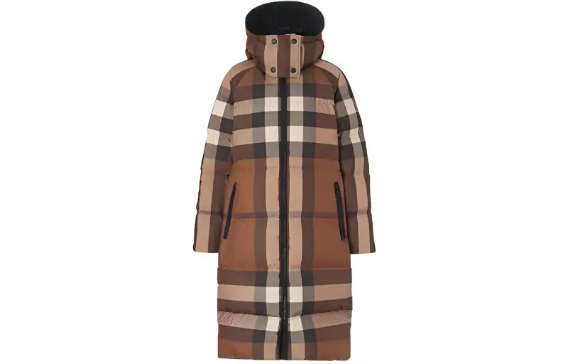 Burberry Check Print Long Puffer Coat 'Dark Birch Brown'