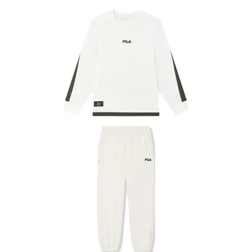 FILA Casual Sportswear Men's Set Cloud White Top+Steam White Pants Crew Neck Moderate