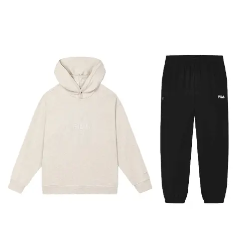 FILA Casual Sportswear Men's Clothing Set Light Khaki Heather Gray Top+Jet Black Pants Hooded Moderate
