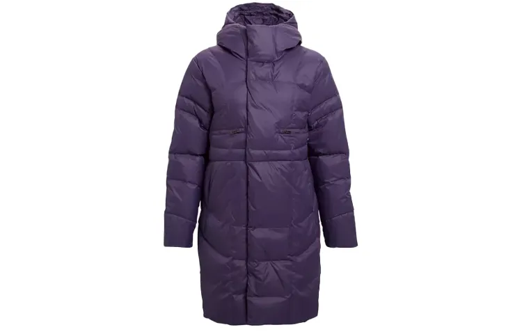 Under Armour Solid Color Hooded Fitted Moderate Mid Length Gray Duck Down Jacket Women's Purple