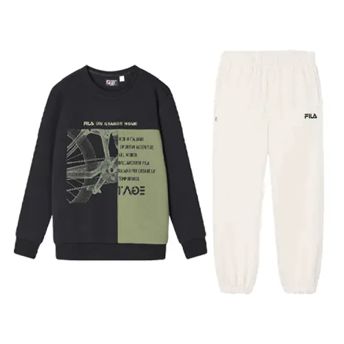 FILA Casual Sportswear Men's Clothing Set Jet Black Top+Steam White Pants Crew Neck Moderate