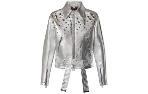 LOUIS VUITTON X Yayoi Kusama Metal Studs Metallized Leather Jacket Silver