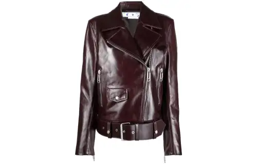 OFF-WHITE FW22 solid color leather asymmetric motorcycle jacket women's dark brown