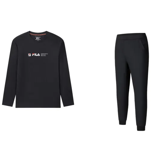 FILA Casual Sportswear Men's Set Legend Blue T Shirt+Pitch Black Pants Crew Neck Moderate