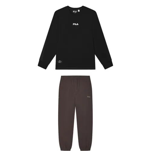 FILA Casual Sportswear Men's Clothing Sets Jet Black Top+Earth Umber Pants Crew Neck Moderate