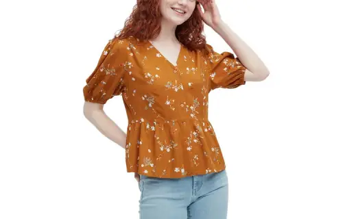 UNIQLO Shirts Women's Camel V Neck Moderate Shirt