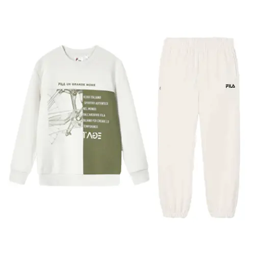 FILA Casual Sportswear Men's Set White Sand Gray Top+Steam White Pants Crew Neck Moderate