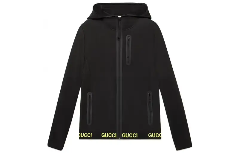 GUCCI Logo Print Hooded Technical Jacket Black Yellow