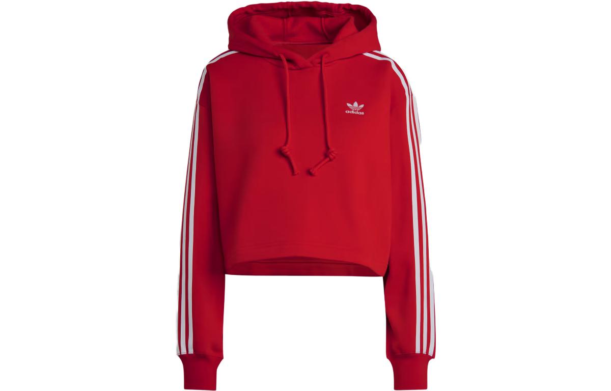 Adidas Adicolor Classics Crop Hoodie Striped Print Hooded Pullover Long Sleeve Sweatshirt Women's Red