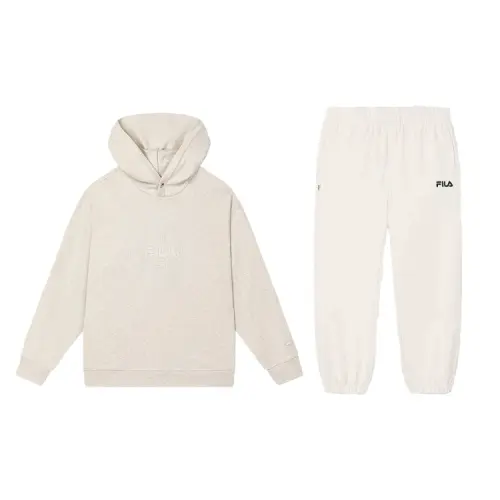 FILA Casual Sportswear Men's Clothing Set Light Khaki Heather Gray Top+Steam White Pants Hooded Moderate