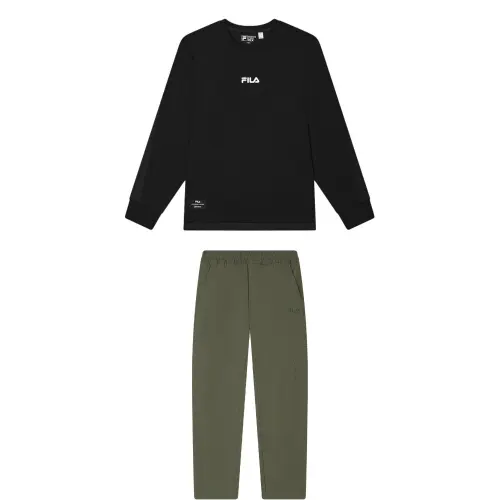 FILA Casual Sportswear Men's Set Jet Black Top+Banana Coffee Pants Crew Neck Moderate