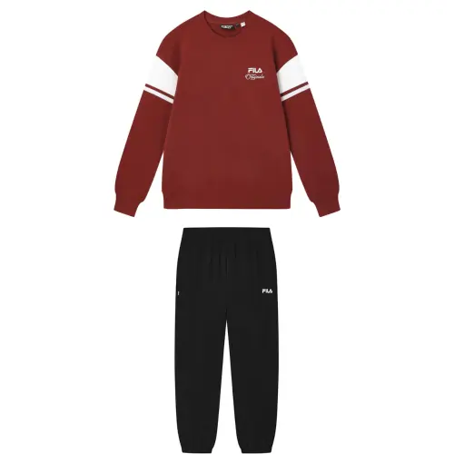 FILA Casual Sportswear Men's Set Flame Red Top+Jet Black Pants Crew Neck Moderate