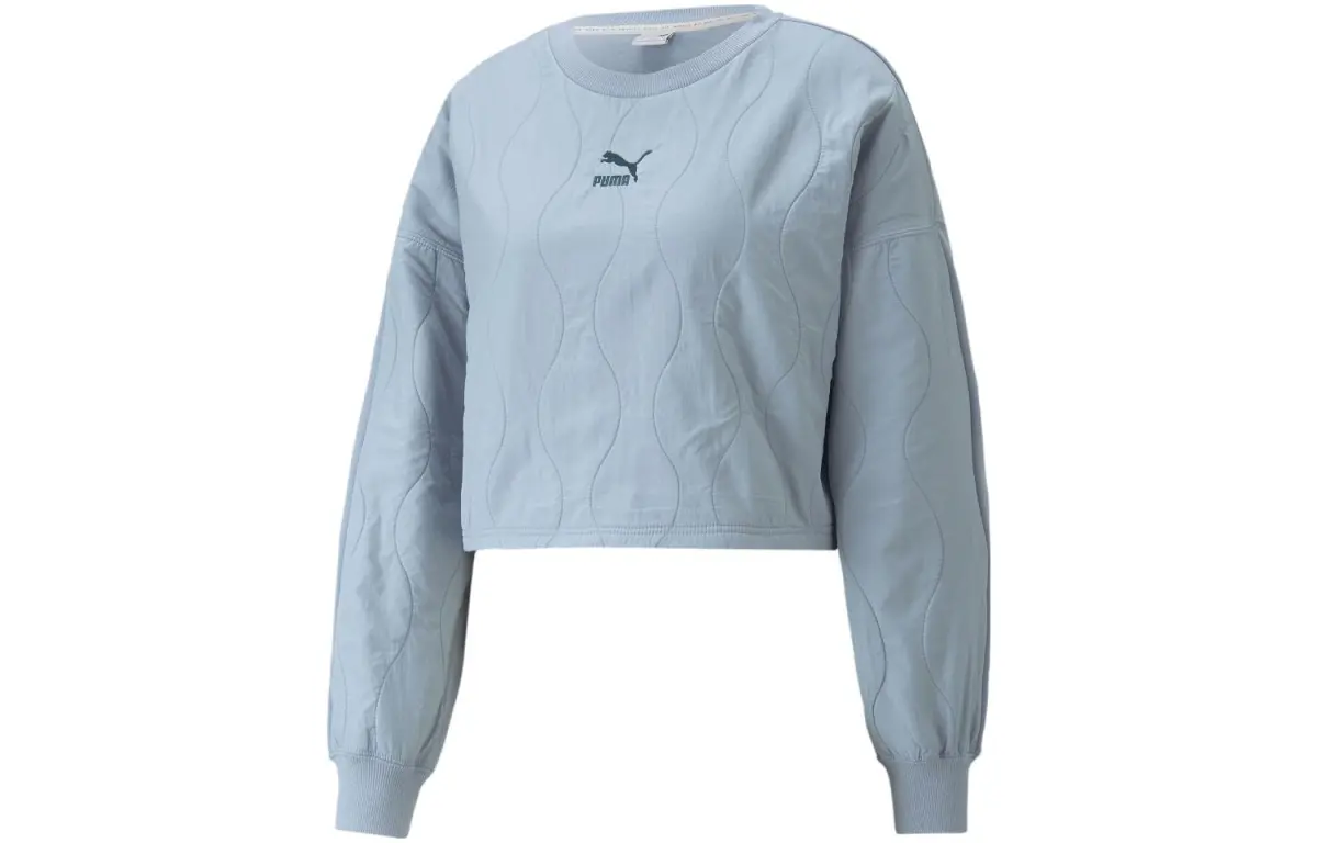 PUMA CLASSICS Quilting Applique Cropped Crew Fleece Sweatshirt Women's Blue