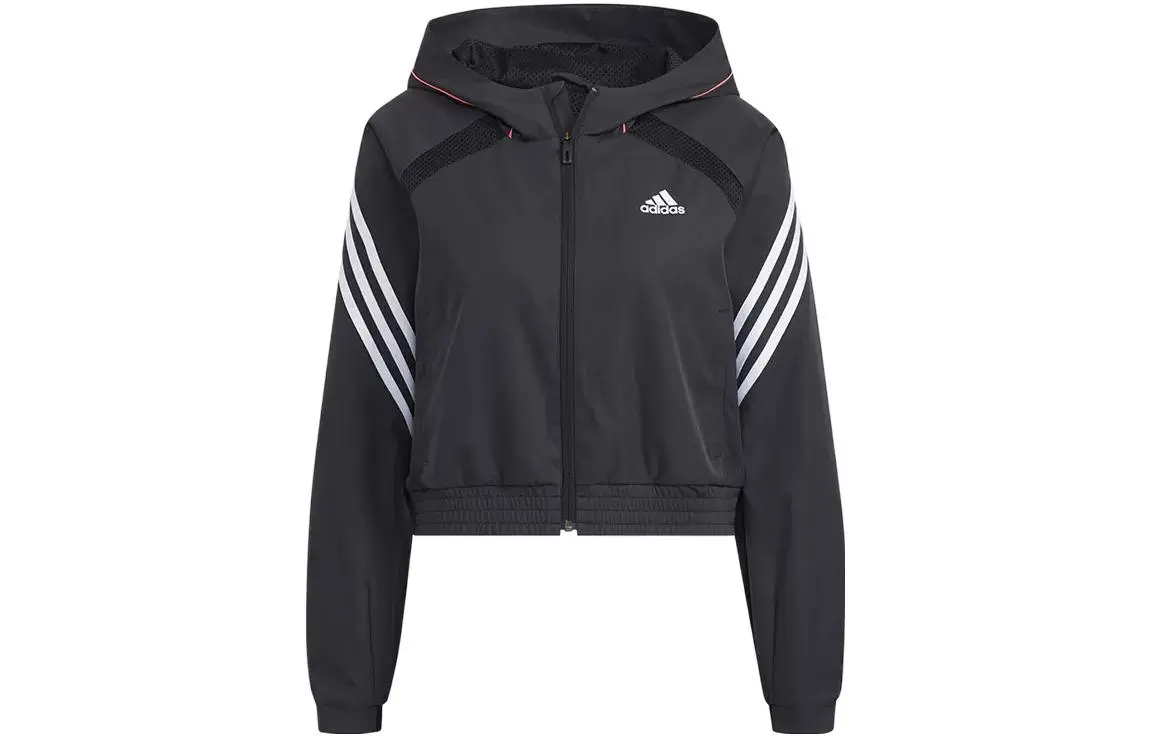adidas Women'ss Logo Letter Print Three-Stripe Hooded Jacket Black
