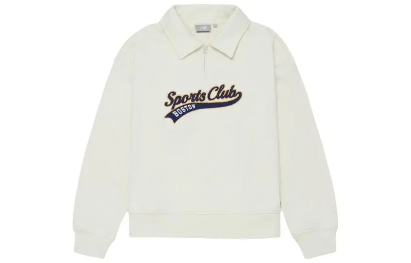 New Balance Lapel Fleece Lined Pullover Embroidery Logo Half Zip Semi Open Collar Sweatshirt Women's Ivory White
