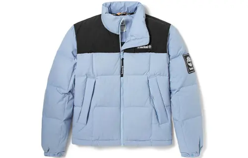 Timberland Colorblock Letter Stand Collar Thickened Short Down Jacket Women's Light Blue