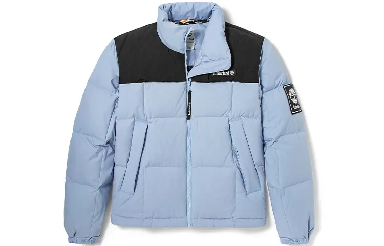 Timberland Colorblock Letter Stand Collar Thickened Short Down Jacket Women's Light Blue