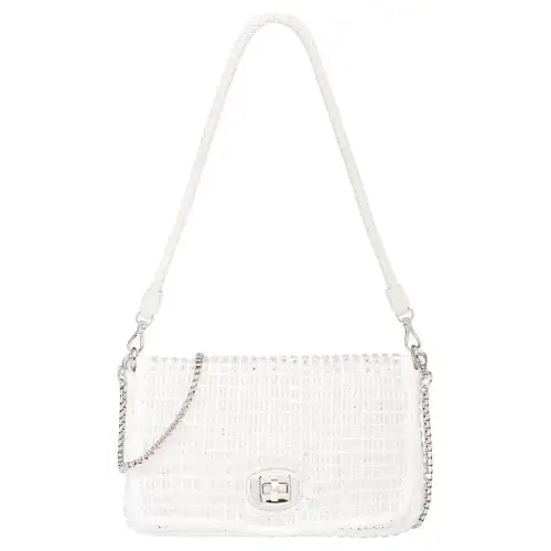 MIU MIU Faux Pearl Woven Leather With Raffia Fiber Crossbody Bag, Shoulder Bag Women's White