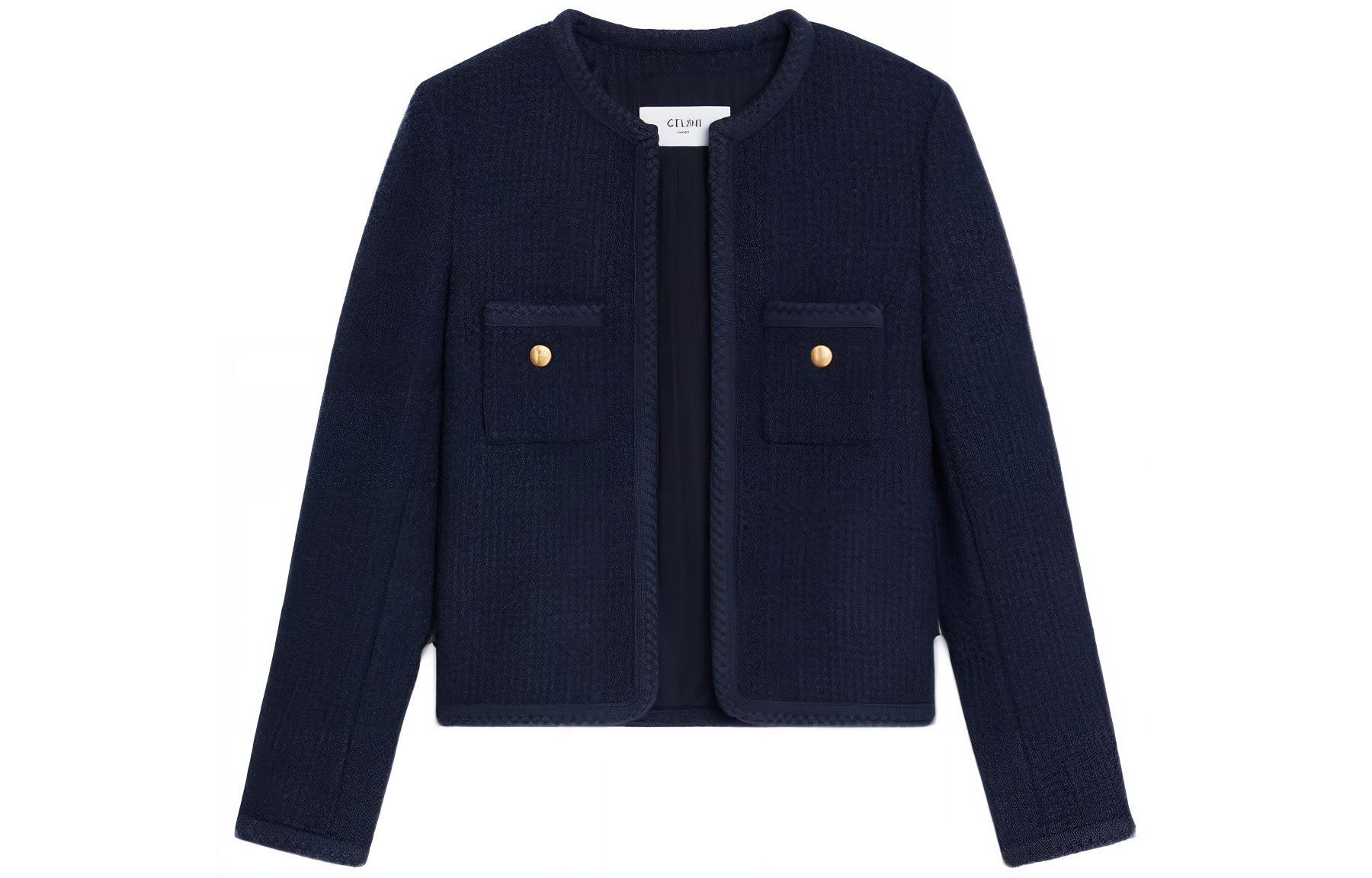 CELINE Celine SS22 solid color patch pocket design open-front long-sleeved jacket for women, navy blue