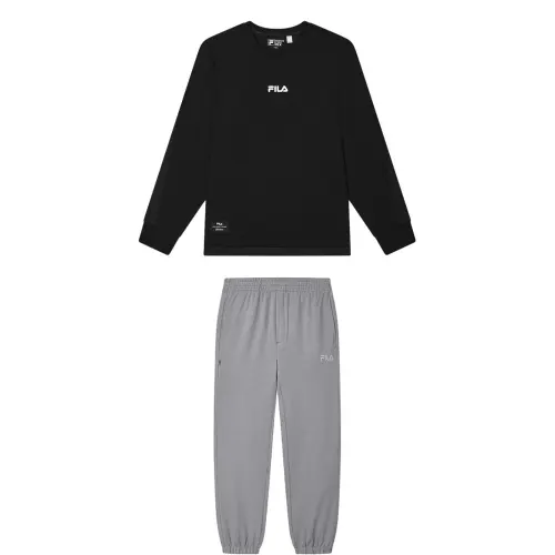 FILA Casual Sportswear Men's Clothing Sets Jet Black Top+Cloud Gray Pants Crew Neck Moderate
