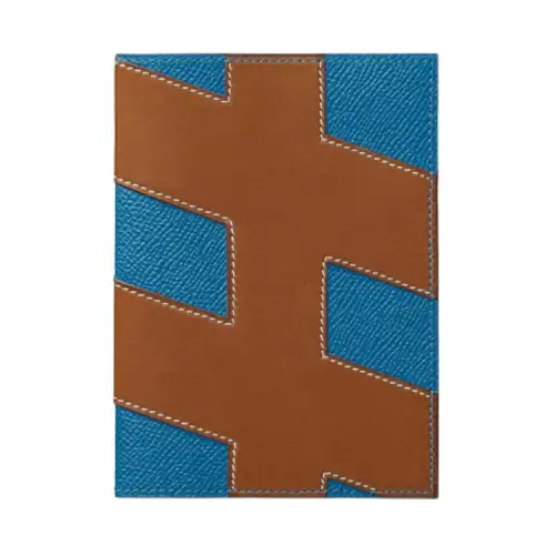 HERMES H Tag Barenia With Epsom Calfskin Passport Holder Women's Light Yellow Umber/Greek Blue