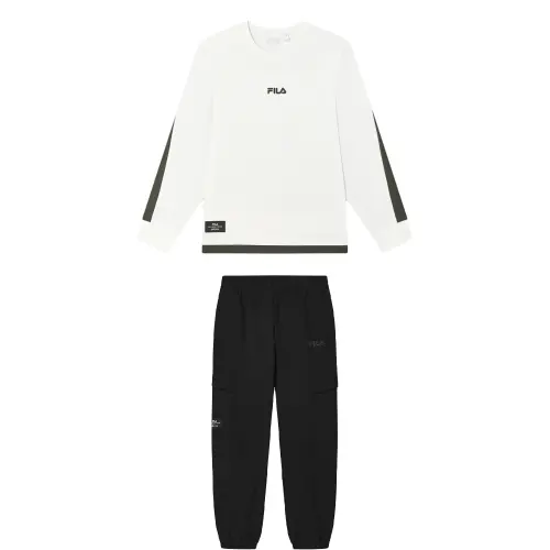 FILA Casual Sportswear Men's Clothing Set Cloud White Top+Jet Black Pants Crew Neck Moderate