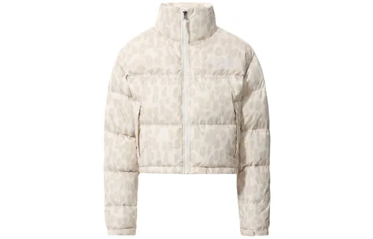 THE NORTH FACE Women'ss Printed Nuptse 700 Fill Short Jacket Silver Grey Leopard Print