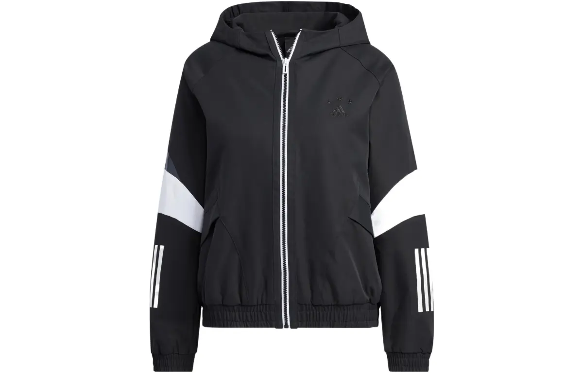 adidas Women'ss Logo Embroidered Striped Woven Jacket Black