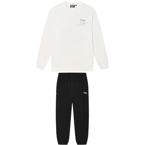 FILA Casual Sportswear Men's Clothing Set Cloud White Sweatshirt+Jet Black Pants Crew Neck Moderate