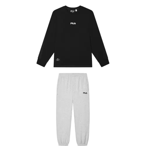 FILA Casual Sportswear Men's Clothing Set Jet Black Top+Cloud Mist Heather Gray Pants Crew Neck Moderate