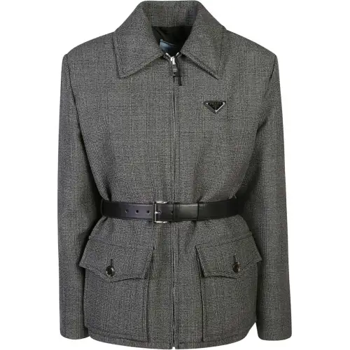 PRADA Triangle-Logo Belted Checked Jacket