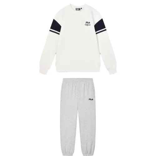 FILA Casual Sportswear Men's Clothing Set Bright White Top+Cloud Mist Heather Gray Pants Crew Neck Moderate