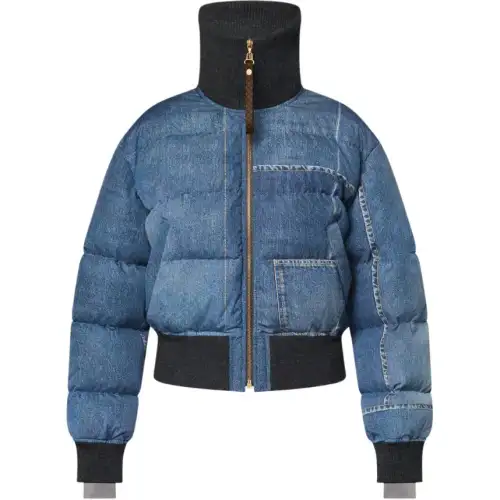 Lv Denim Print Cropped Puffer Jacket
