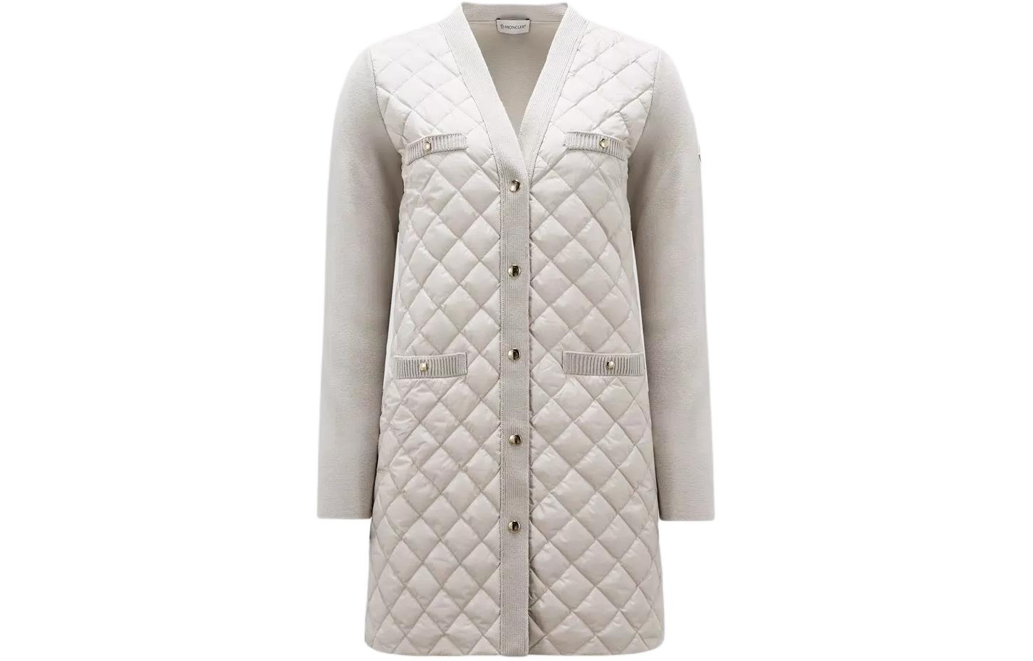 Moncler Moncler Padded Wool Long Cardigan solid color patchwork V-neck single-breasted button long-sleeved mid-length down jacket, women's white