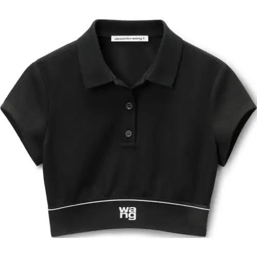 Alexander wang FW24 laminated logo solid color turtleneck short-sleeved polo shirt women's black