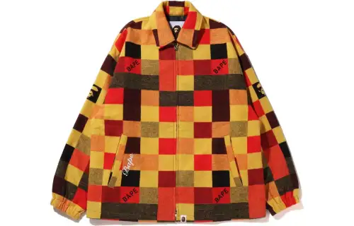 Bape Patched Block Check Zip Jacket Red Orange