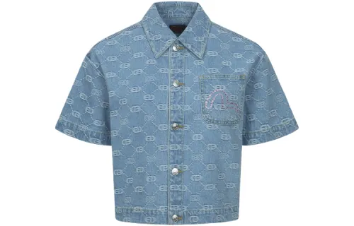 EVISU Shirts Women's Denim Blue All Over Print Lapel Moderate Denim