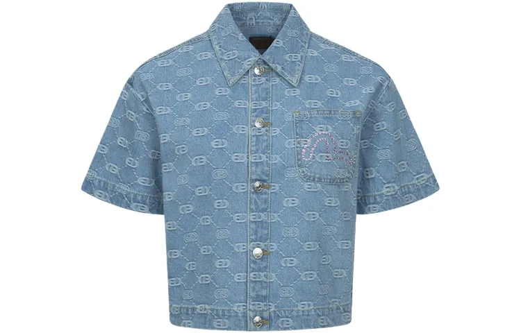 EVISU Shirts Women's Denim Blue All Over Print Lapel Moderate Denim