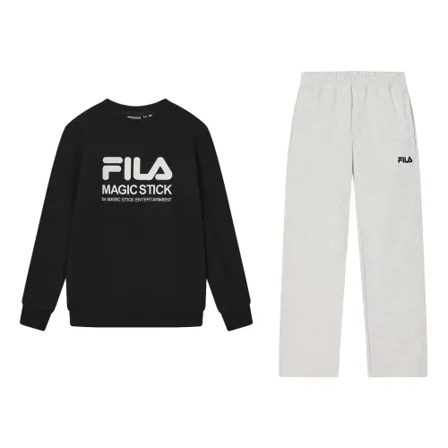 FILA Casual Sportswear Men's Clothing Sets Jet Black Sweatshirt+Moonlit Heather Gray Pants Crew Neck Moderate