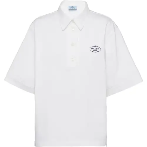 PRADA Polo Shirts Women's White Polo Collar Moderate Straight Fit