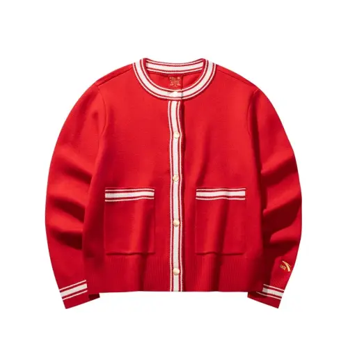 ANTA Knitwear Women's Rich Red Crew Neck Moderate Cardigan
