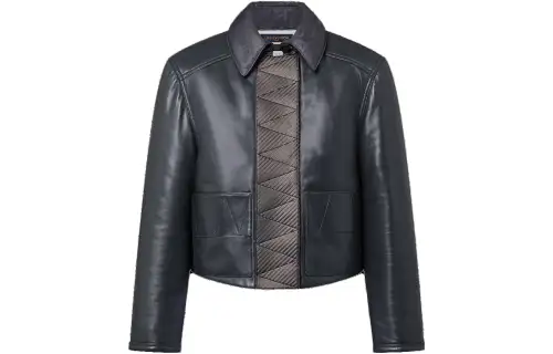 Lv Topstitched Leather Boxy Jacket