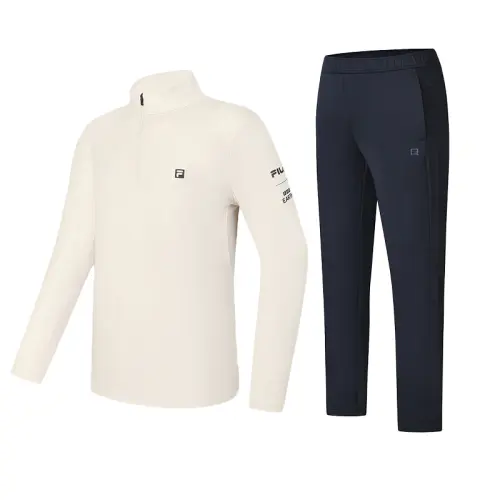 FILA Casual Sportswear Men's Clothing Sets Taupe T Shirt+Royal Blue Pants Stand Collar Moderate