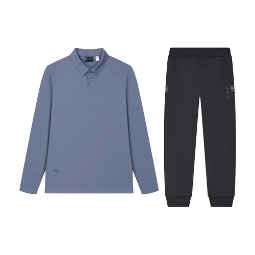 FILA Casual Sportswear Men's Clothing Set Purple Blue Top+Jet Black Pants Polo Collar Moderate