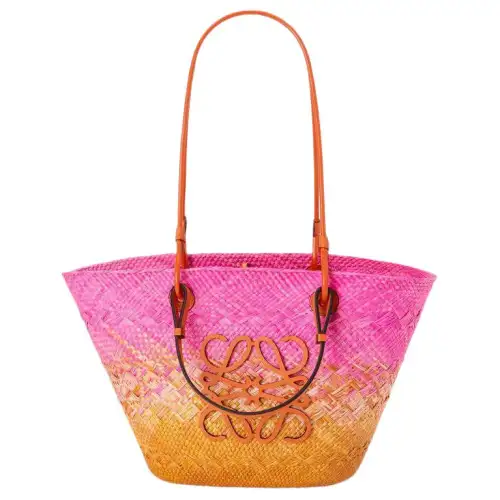 LOEWE Anagram Basket Palm Fiber Cow Leather Handbag Women's Peach Pink/Saffron