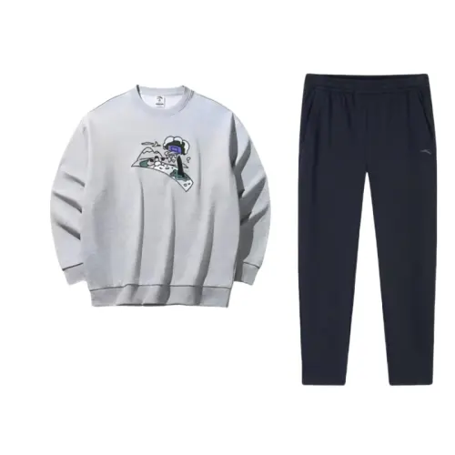 ANTA Casual Sportswear Men's Clothing Sets Gray Top+Black Pants Crew Neck Moderate