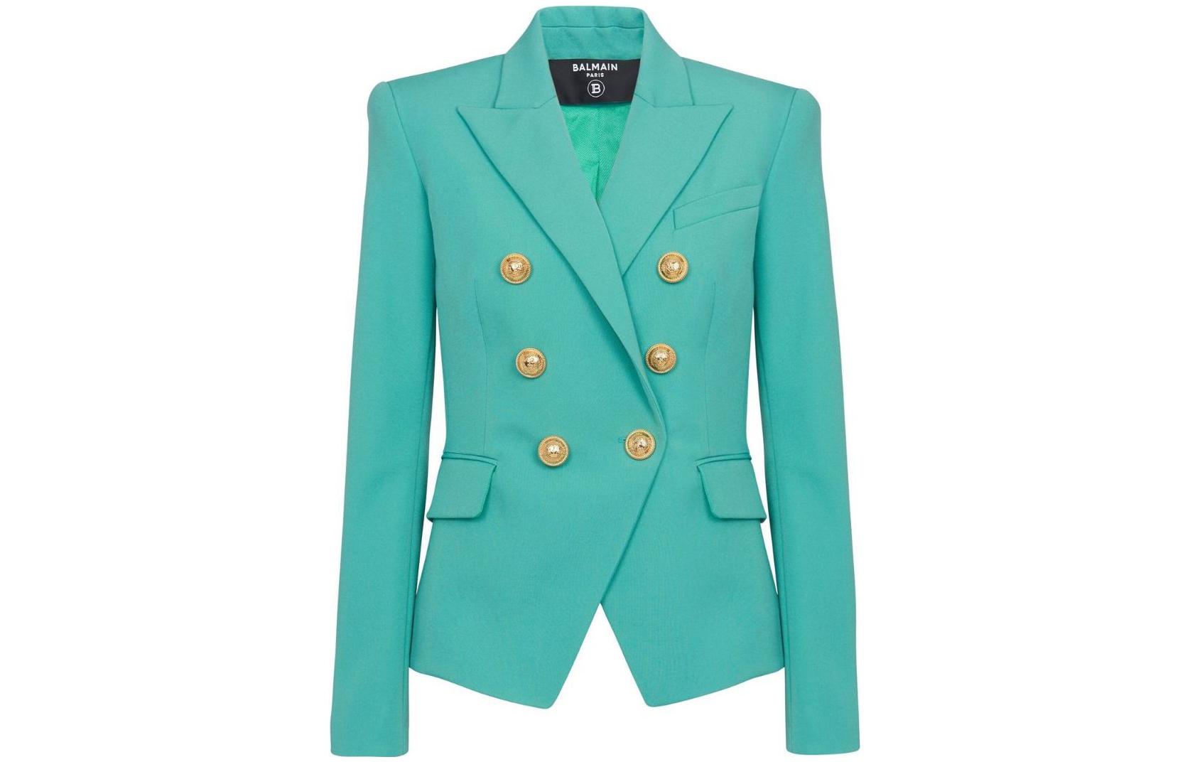 BALMAIN Balmain SS23 Solid Color Lapel Double-Breasted Slim Jacket Women's Emerald